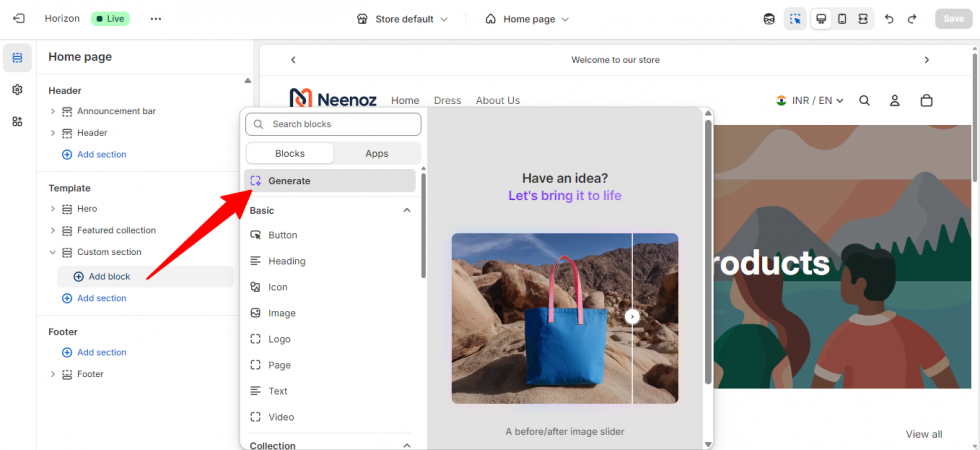 KI-gestützte Themenblöcke mit Shopify Magic