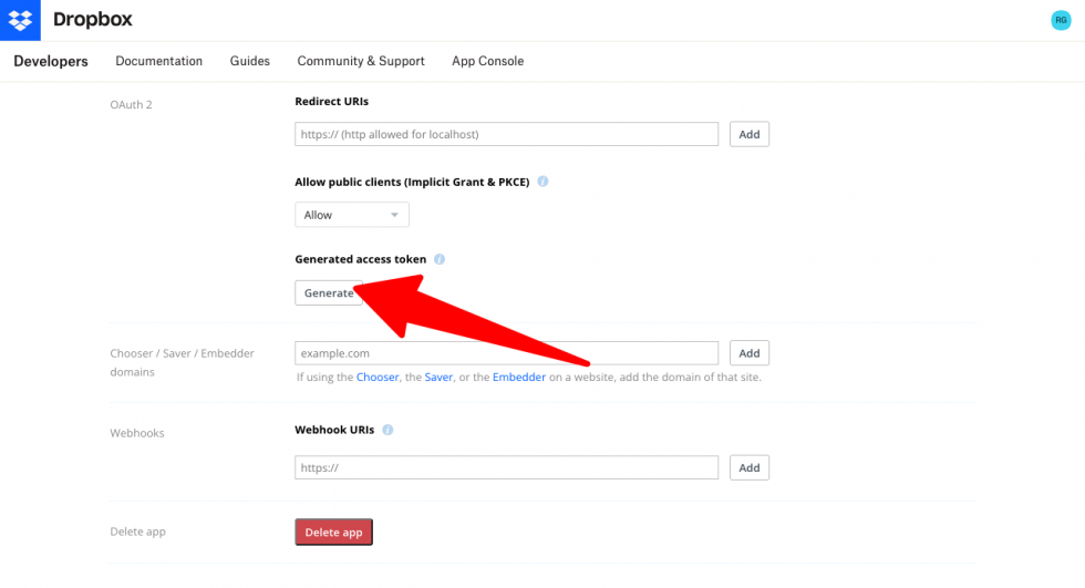 Dropbox Generate access token