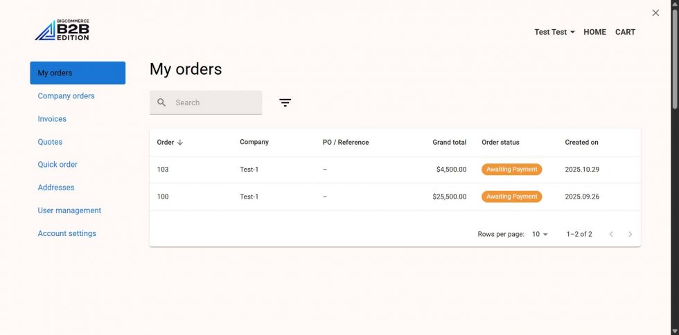 BigCommerce B2B Buyer portal dashboard